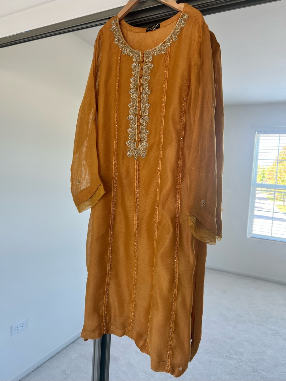 Agha Noor 2 piece Embroidered Orange Women’s Dress with Beaded Neckline